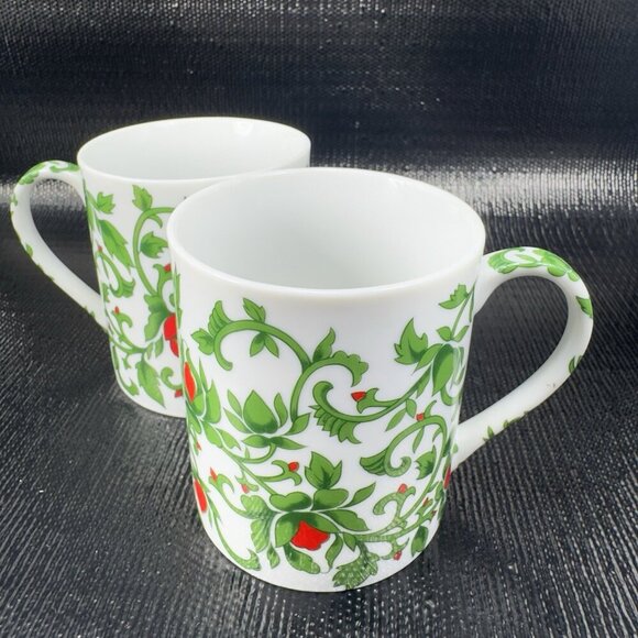 Williams Sonoma Ceramic Red Floral Green Vines Coffee Mug Cup Set 2 Mugs Cups - Picture 12 of 12